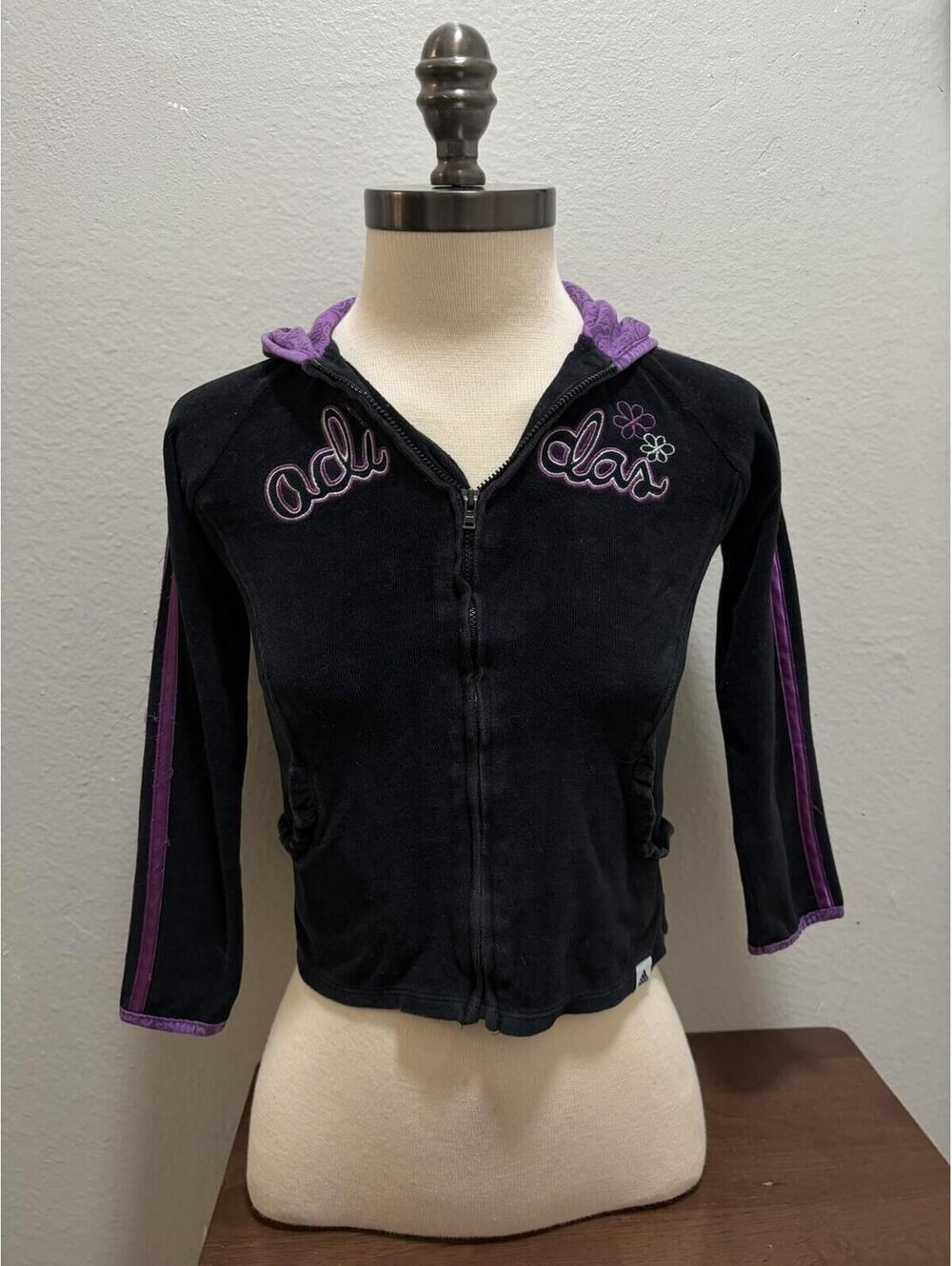 Adidas Vintage Y2K Velour Full Zip Hooded Black Purple Sz Xs
